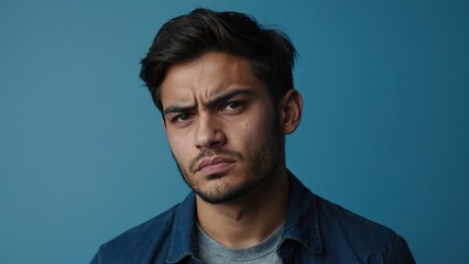Fototapeta premium Young man with serious expression against blue background