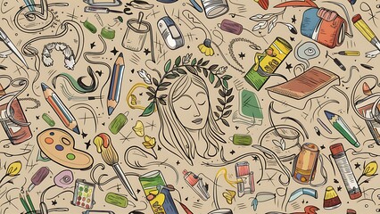 Obraz premium doodle seamless pattern. Hand drawn background with school supplies and creative elements. Vector illustration