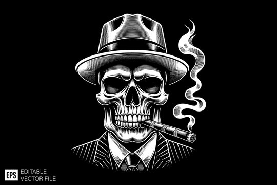 Skull head mafia vector illustration design black and white