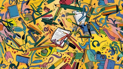 Obraz premium doodle seamless pattern. Hand drawn background with school supplies and creative elements. Vector illustration