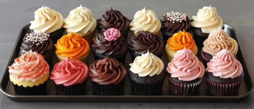 A tray of assorted cupcakes with intricate frosting designs, arranged beautifully