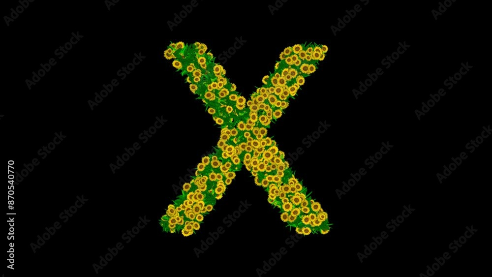 Wall mural English alphabet X with green leaves and yellow daisy flowers on plain black background