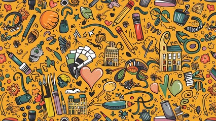 Obraz premium doodle seamless pattern. Hand drawn background with school supplies and creative elements. Vector illustration