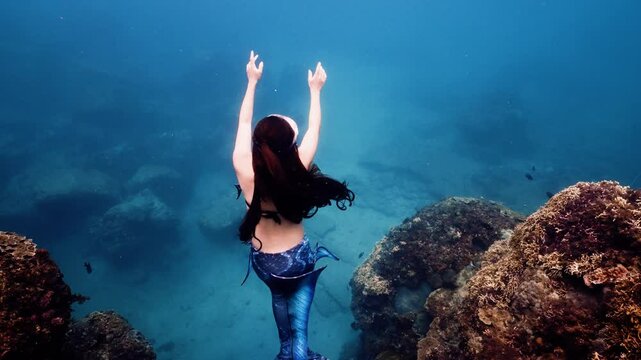 professional freediving mermaid girl no mask dancing in blue water showing beautiful mermaid costume fishtail Asia Taiwan 