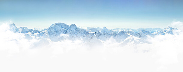 Panorama of winter mountains in Caucasus region, Russia. Concept of natural beauty and majestic landscapes