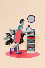 Vertical photo collage of happy housewife pedant folded clothes wardrobe shelf organize things...