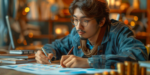 Businessman draw growth graph and progress of business and analyzing financial and investment data ,business planning and strategy on blue background.