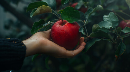 Close up of a hand holding a red apple, with an apple orchard background, green leaves and water drops on them, forbidden fruit 