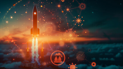 Against the backdrop of a vibrant sunrise, a dynamic rocket streaks upward, powered by the energy o
