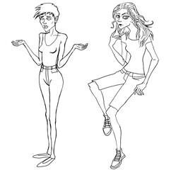 Set Clip art Line art comic style girl figure housewife short hair boyish people figure slim woman raised hands woman raise hands up in dismay frowning upset bad news cant understand what happened