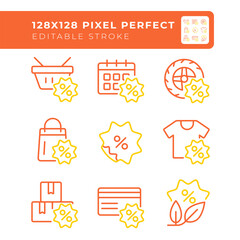 Slaes and discounts two color line icons set. Wholesale sales. Marketing campaigns. Percentage symbols bicolor outline iconset isolated. Duotone pictograms thin linear. Editable stroke