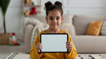 child holding black tablet iPad pro horizontal with white blank screen, sitting on the living room floor, with colorful toys and a cozy rug in the background

