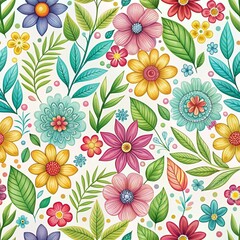 The image shows a seamless pattern of flowers and leaves on a white background. The flowers are all different colors and shapes, and the leaves are all different shapes and sizes.