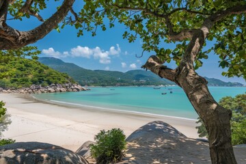 Serene tropical beach with clear turquoise waters and lush foliage