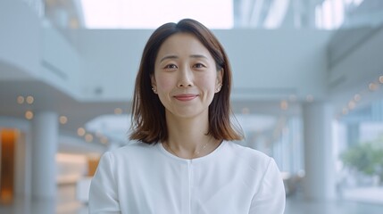 Fototapeta premium A professional Asian woman standing with a smile, arms open, looking at the camera, a soft-focus minimalist office space.