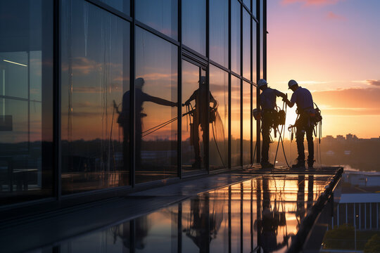 silhouette, abendrot, himmel, anlagen, leute, glasreiniger, solar, fensterputzer, fenster, putzen, glasfassade, hochhaus, wolkenkratzer, geb&auml;udereiniger, geb&auml;udereinigung, bauwerk, arbeiter, mann, fen