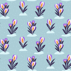 Vector pattern with crocuses.Stylized crocuses on a blue background in a seamless vector pattern.