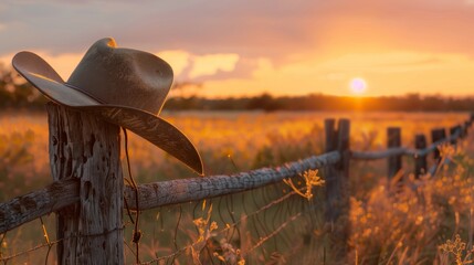 Cowboy hat hanging on a fence post at sunset, rustic countryside scenery. Western lifestyle and tranquility concept