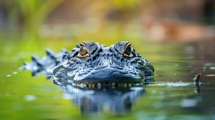 Fototapeta premium In the wetlands, an alligator glides silently through the water, its eyes and snout barely visible above the surface.