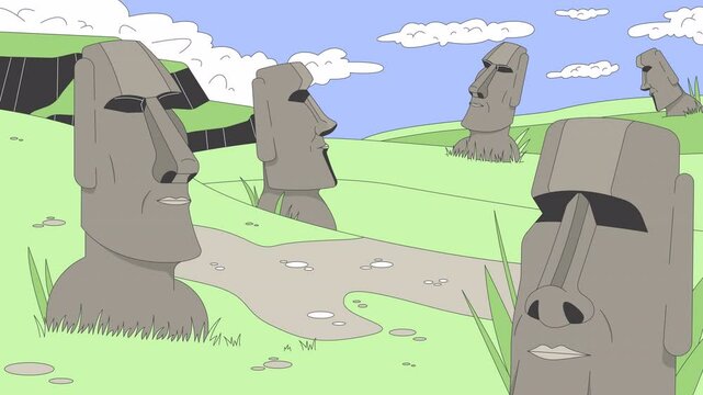 Easter island Moai statues line cartoon animation. Mysterious world heritage 4K video motion graphic. Clouds drift. Monolithic human figures 2D linear animated landscape on Chile Rapa Nui background