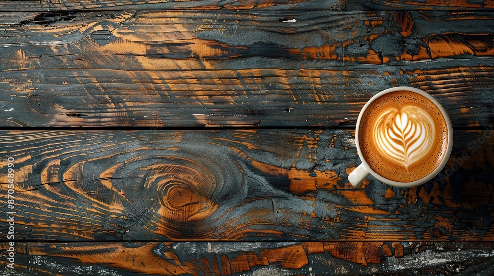 Poster a cup of latte on a wooden table