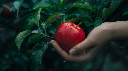 Close up of a hand holding a red apple, with an apple orchard background, green leaves and water drops on them, forbidden fruit 