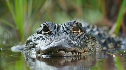 In the wetlands, an alligator glides silently through the water, its eyes and snout barely visible above the surface.