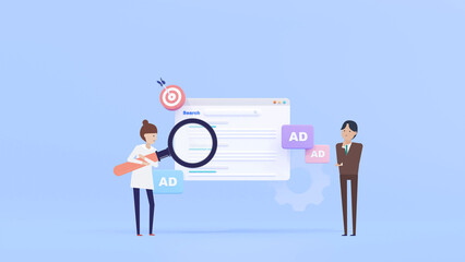 Mixed 2D 3D｜インターネット検索をする若い女性と広告を見てほしいビジネスマン