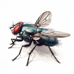A blue fly with red eyes is on a white background