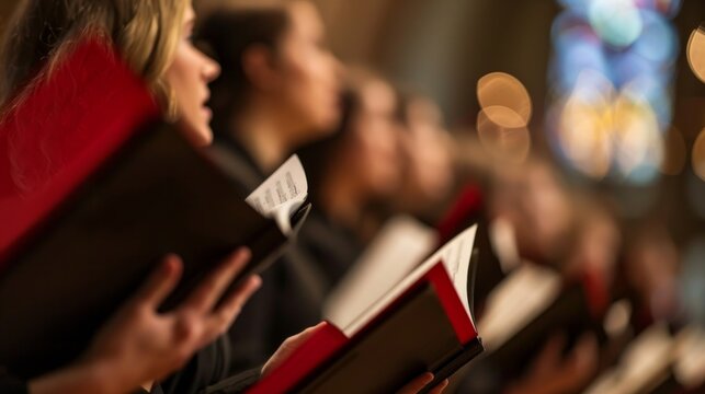 Close up of people choir members holding singing book while performing in a cathedral