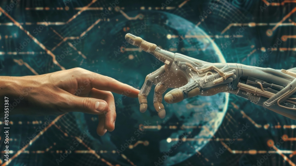 Poster a human and robotic hand nearly touch against a digital network, showing the evolving bond between h