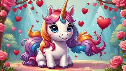Naklejka premium Cute, colorful unicorn for valentines day, Generative AI