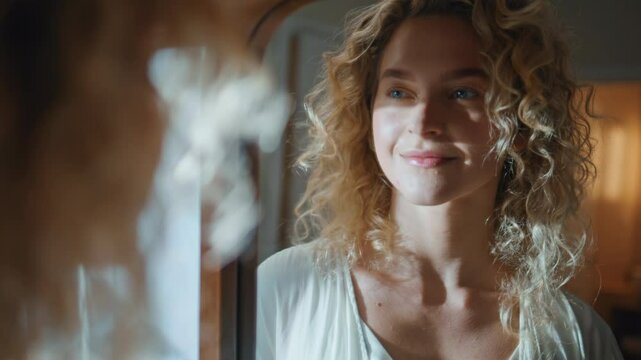 Confident girl looking mirror reflection closeup. Smiling curly woman admiring