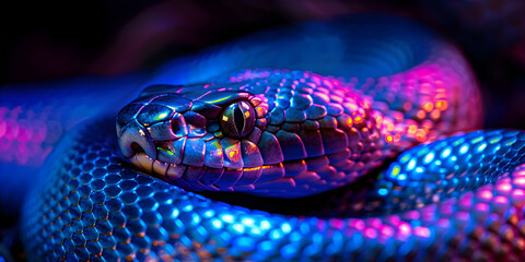 Obraz premium A close-up of a snakes head illuminated by vibrant neon blue and pink light. Symbol of 2025. The snakes scales shimmer with iridescent colors,