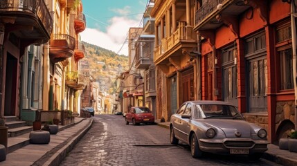 Fototapeta premium A busy city street with people walking and cars driving