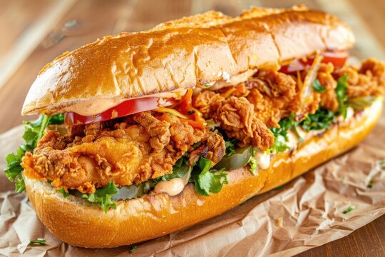 Submarine sandwich fried chicken with extra sauces - Powered by Adobe