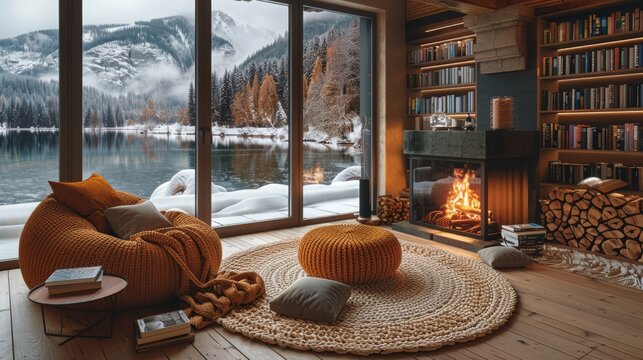 Cozy lakeside cabin interior with snowy mountain view, winter retreat concept