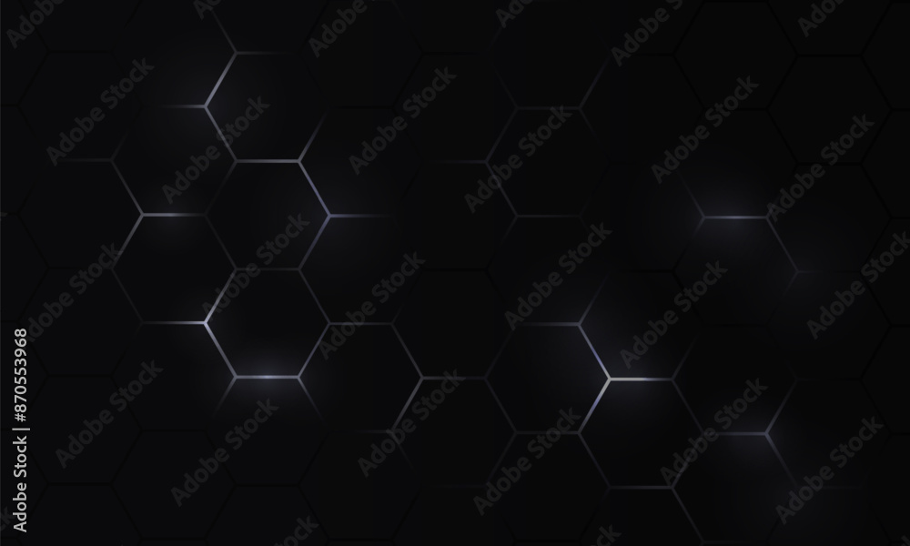 Poster Black hexagon abstract technology background with white bright flashes under hexagon. Hexagonal gaming dark vector abstract tech background.