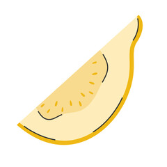 Hand drawn yellow guava in doodle style. Summer tropical fruit. Cut piece of exotic fruit