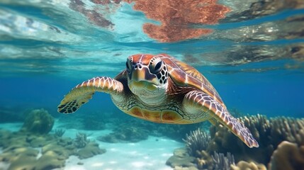 Fototapeta premium A turtle is swimming in the ocean with a rock in its mouth
