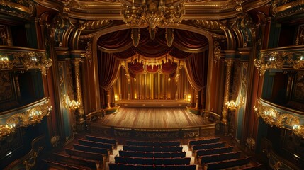 Obraz premium Elegant vintage theater with ornate decorations, classic stage, and luxurious seating, creating an atmosphere of timeless sophistication.