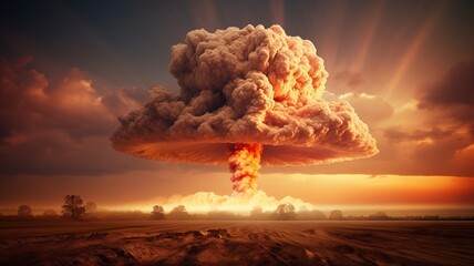 A mushroom cloud rising from an atomic bomb explosion in the desert at sunset. The smoke and dust of war, the nuclear weapon concept, post-apocalyptic background.