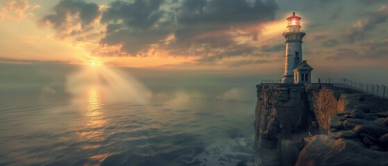 Scenic lighthouse on a rocky cliff illuminated during a vibrant sunset, with sun rays reflecting on calm ocean waters.