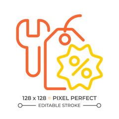 Service discount two color line icon. Price cutiing. Special offers and savings. Wrench and price tag bicolor outline symbol. Duotone linear pictogram. Isolated illustration. Editable stroke