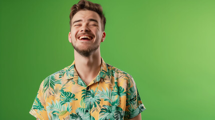Fototapeta premium A joyful millennial man wearing a casual shirt, posing with a confident smile against a solid green background