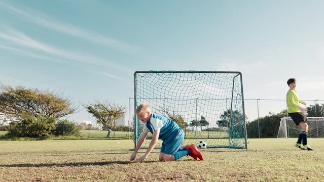 Soccer field, goal and kid with bicycle kick in post for practice, exercise and development of skills. Children, ball and boys with outdoor sport on grass for aim training, workout and score in net