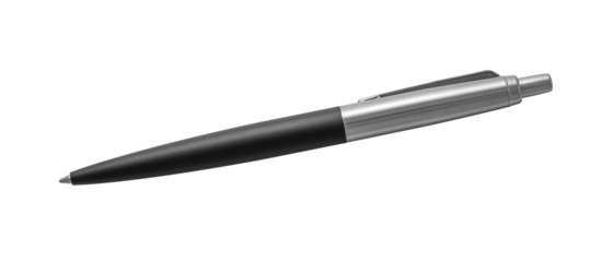 A black and silver ballpoint pen isolated on a white background.
