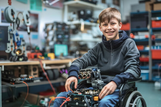 A young enthusiast is passionately working on a robotics project in a tech lab, showcasing innovation, determination, and a strong ambition for achievement
