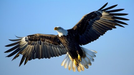 Obraz premium Bald Eagle in Flight Against Blue Sky.