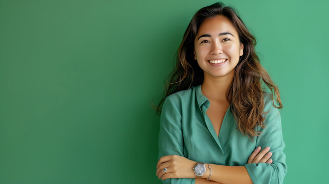 A joyful millennial woman with a confident smile, wearing a watch, posing with folded arms against a solid green background